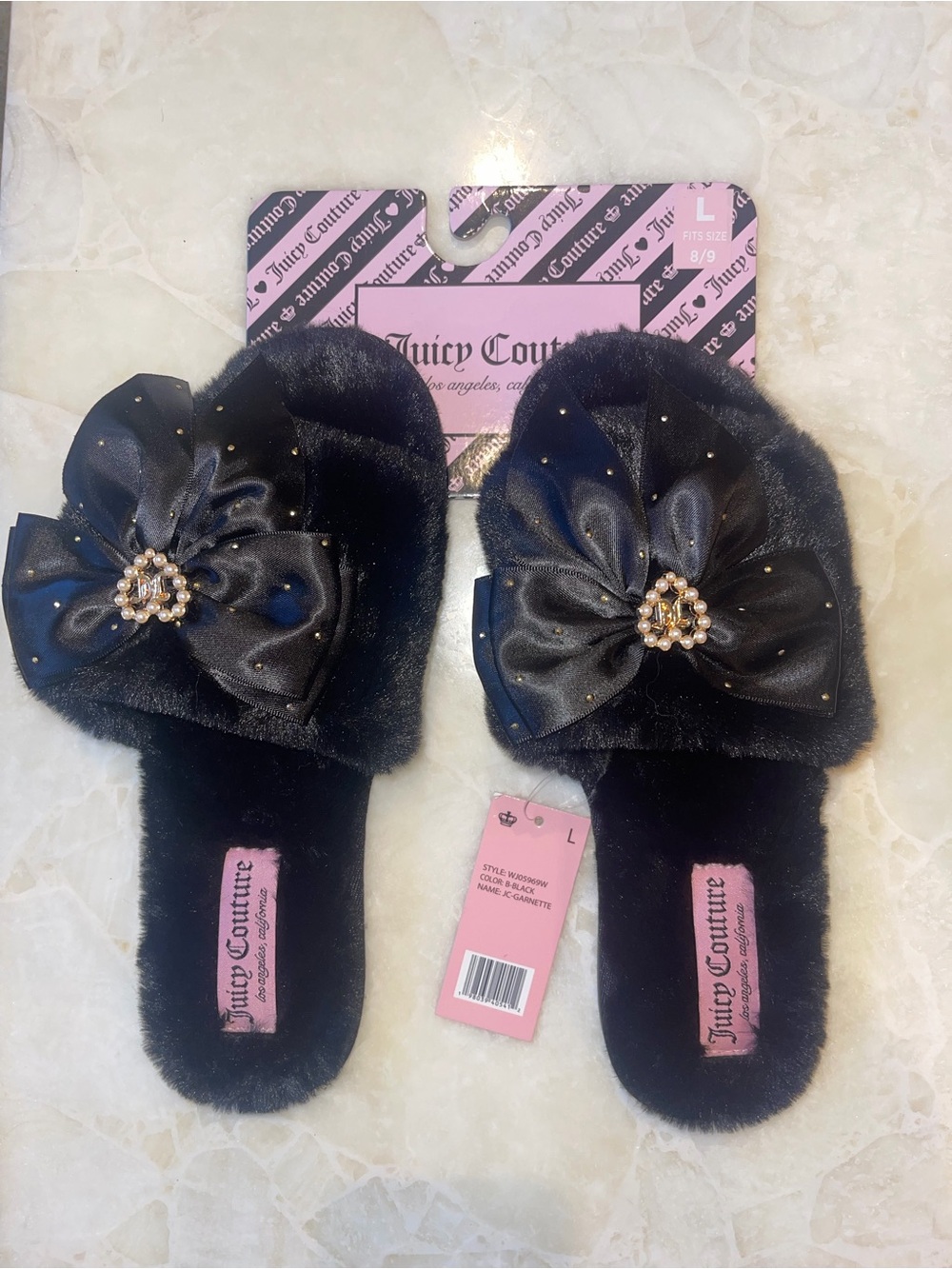 NWT Juicy Couture Black Faux Fur Bow Slippers Size L 8/9 - Picture 2 of 2